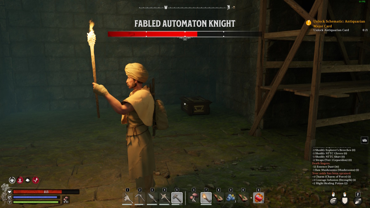 A Nightingale character stands near a hidden treasure box containing potions